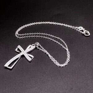 925 Silver Plated Necklace w/ CZ Diamond Cross Women's Birthday Anniversary Gift